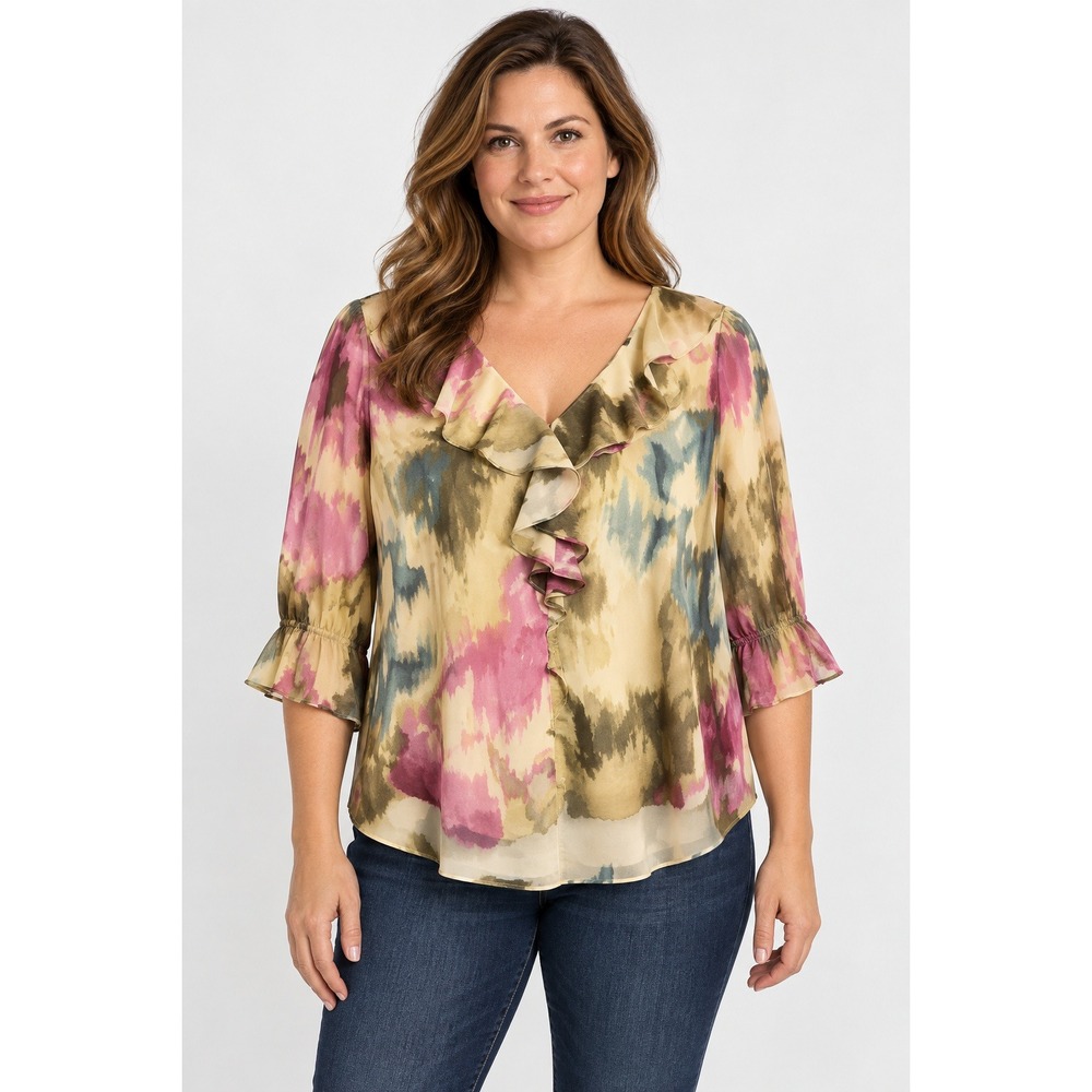Lauren Ralph Lauren Pink Abstract Artsy Ruffle V-Neck Blouse 3/4 Smocked Sleev M